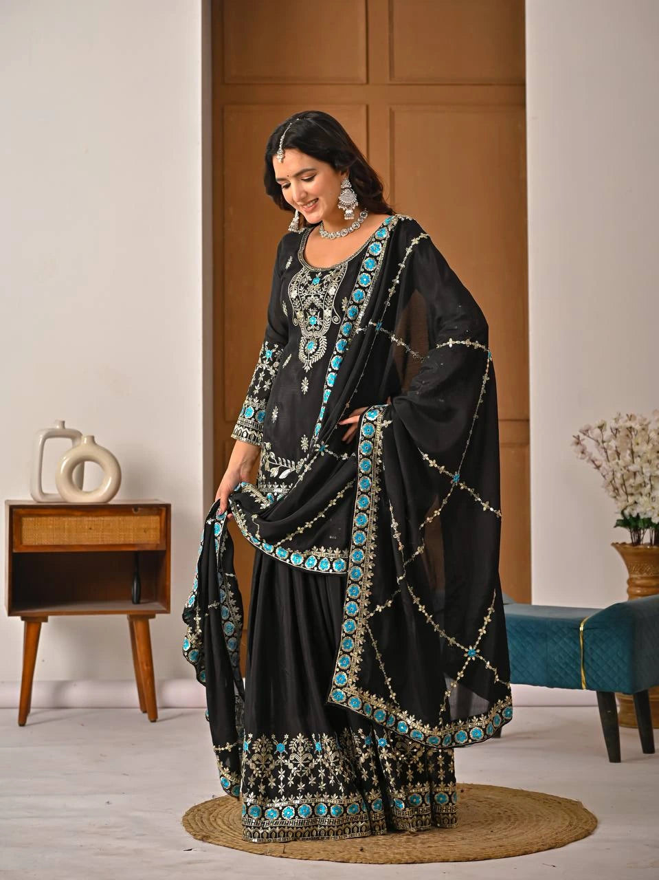 Black Sequins Embroidered Vichitra Silk Suit